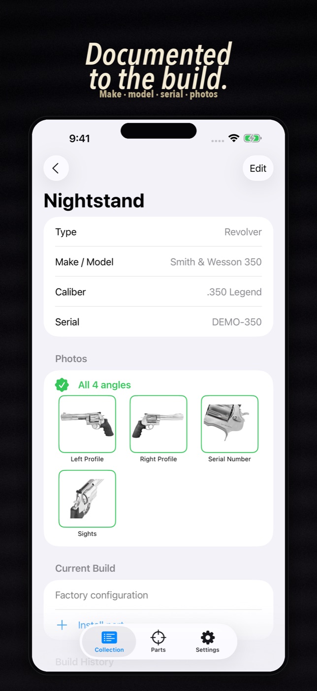 Firearm record with make, model, serial, and photo checklist.